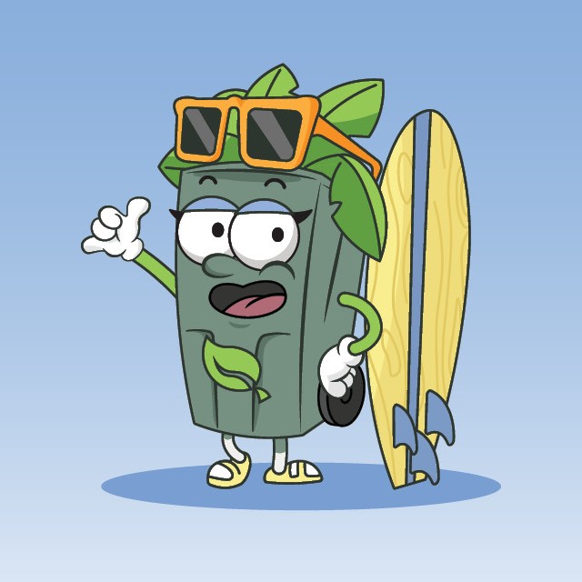An animated green waste bin with a face, arms and legs. The bin is standing next to a surfboard and is wearing sunglasses on their head. 