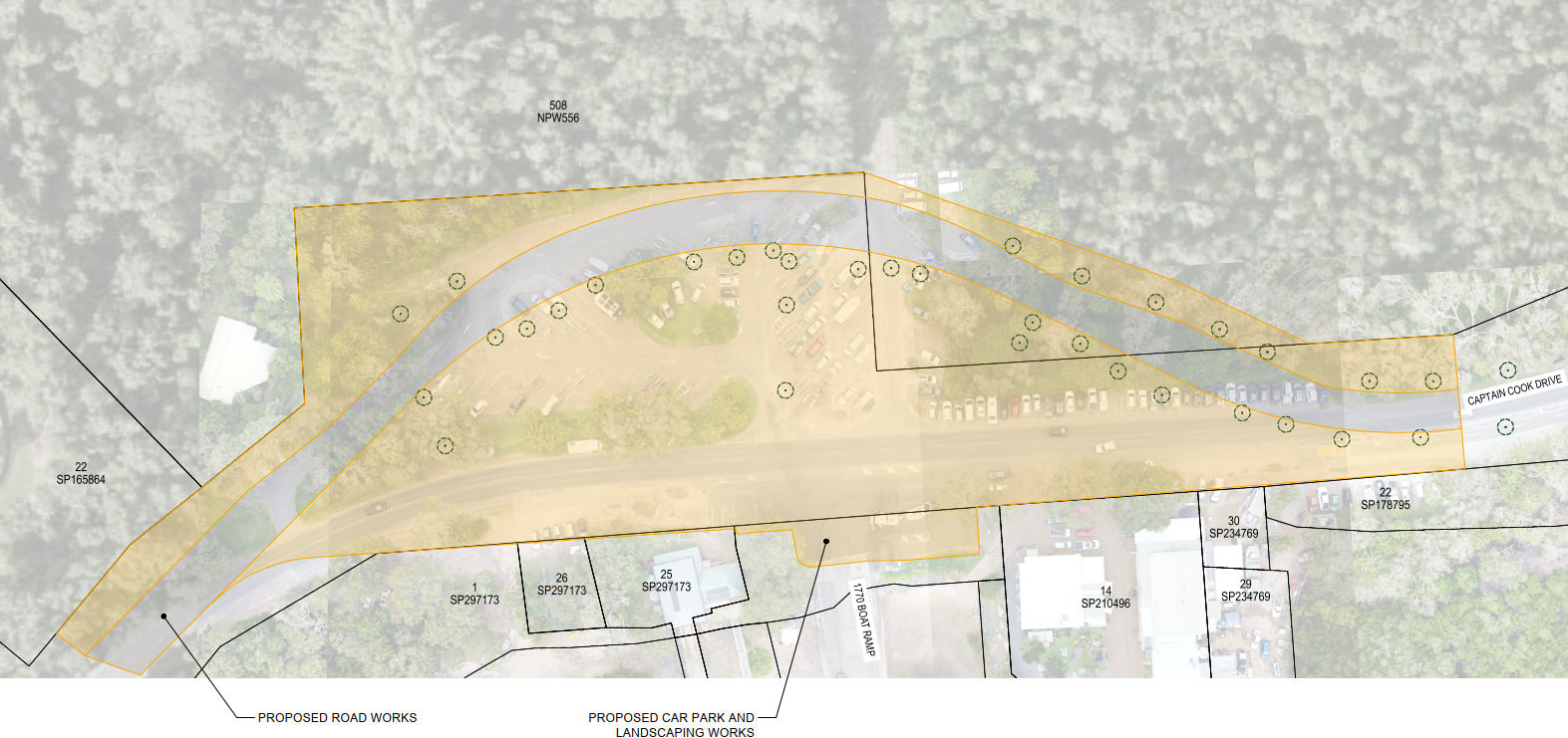 Aerial image of the 1770 Public Boat Ramp area with a yellow overlay showing the project footprint.